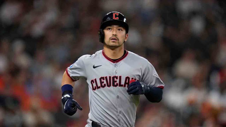 Cleveland Guardians' Steven Kwan runs up the first base line against the Houston Astros during the third inning of a baseball game Tuesday, July 8, 2025, in Houston. (David J. Phillip/AP)