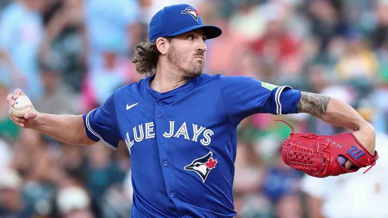 Toronto Blue Jays pitcher Kevin Gausman throws to the Athletics during the second inning of a baseball game Saturday, July 12, 2025, in West Sacramento, Calif. (Sara Nevis/AP)
