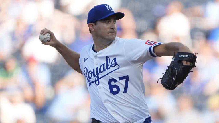 Kansas City Royals starting pitcher Seth Lugo throws during the first inning of a baseball game against the Pittsburgh Pirates, Tuesday, July 8, 2025, in Kansas City, Mo. (Charlie Riedel/AP)