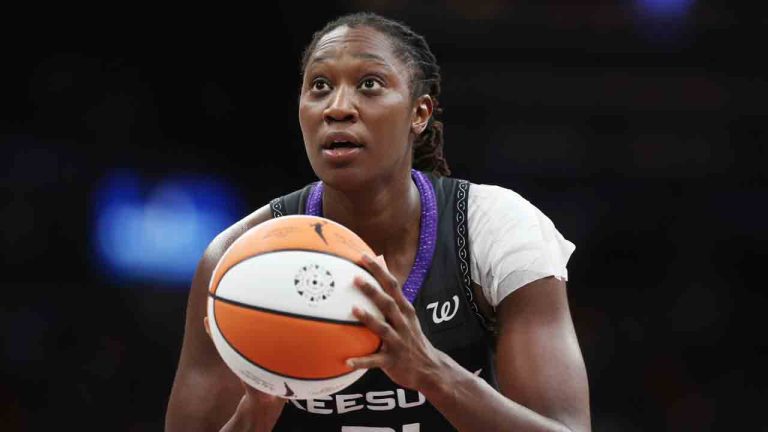 Connecticut Sun's Tina Charles plays against the Indiana Fever during the second half of a WNBA basketball game, Tuesday, July 15, 2025, in Boston. (Michael Dwyer/AP)