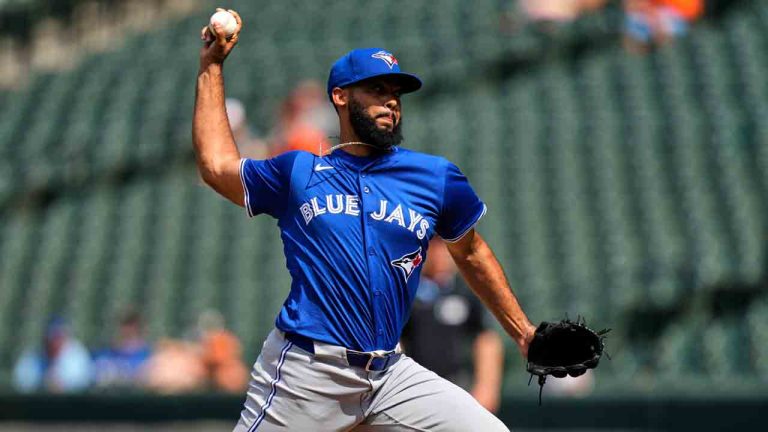 Toronto Blue Jays relief pitcher Seranthony Dominguez delivers during the eighth inning of a baseball game against the Baltimore Orioles, Wednesday, July 30, 2025, in Baltimore. (Stephanie Scarbrough/AP)