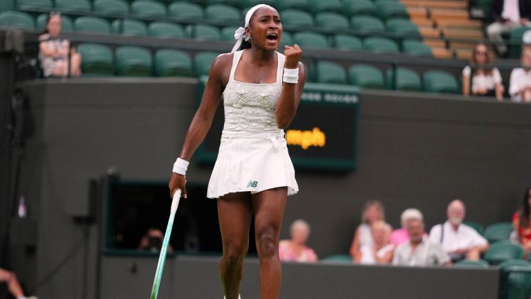 Coco Gauff of the U.S. reacts during her first round women's single match against Dayana Yastremska of Ukraine at the Wimbledon Tennis Championships in London, Tuesday, July 1, 2025. (Kirsty Wigglesworth/AP)