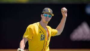 Southern Mississippi outfielder Jake Cook throws during an NCAA baseball game. (Matthew Hinton/AP)