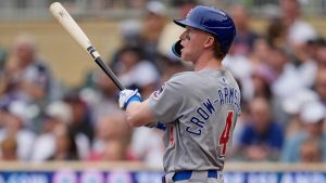 Chicago Cubs' Pete Crow-Armstrong watches his two-run home run during the third inning of a baseball game against the Minnesota Twin,s Thursday, July 10, 2025, in Minneapolis. (Abbie Parr/AP)
