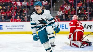 San Jose Sharks forward William Eklund (72) celebrates after scoring a goal in the third period of an NHL hockey game against the Detroit Red Wings on Tuesday, Jan. 14, 2025, in Detroit. (Mike Mulholland/AP)