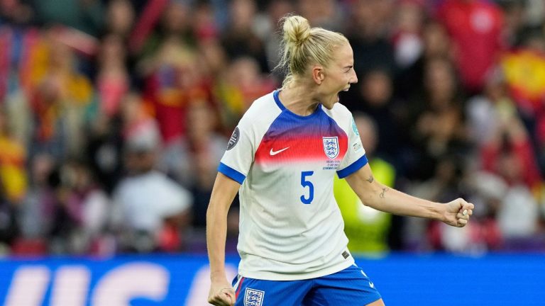 England's Alex Greenwood celebrates after scoring during the penalty shootout of the Women's Euro 2025 final soccer match between England and Spain at St. Jakob-Park in Basel, Switzerland, Sunday, July 27, 2025. (Martin Meissner/AP)