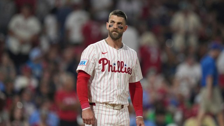 Philadelphia Phillies' Bryce Harper reacts during a baseball game Monday, July 21, 2025, in Philadelphia. (Matt Slocum/AP)