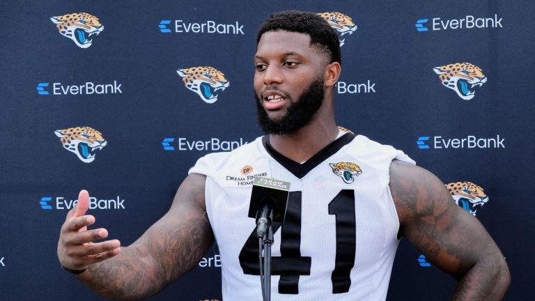 Jacksonville Jaguars defensive end Josh Hines-Allen answers questions during a news conference after a team NFL football practice, Monday, June 2, 2025, in Jacksonville, Fla. (John Raoux/AP)