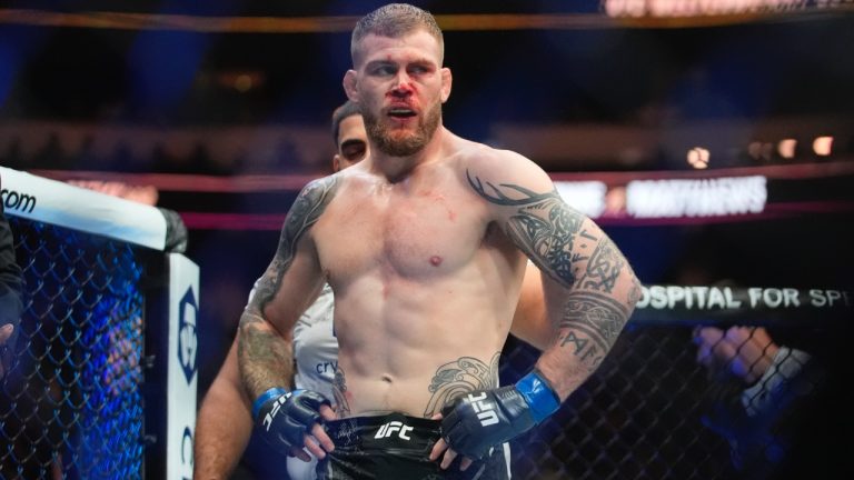 Jake Matthews reacts after a UFC welterweight bout. (Frank Franklin II/AP)