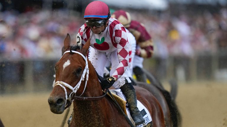 Umberto Rispoli, atop Journalism, participates in the 150th running of the Preakness Stakes horse race Saturday, May 17, 2025, at Pimlico Race Course in Baltimore. (Stephanie Scarbrough/AP)