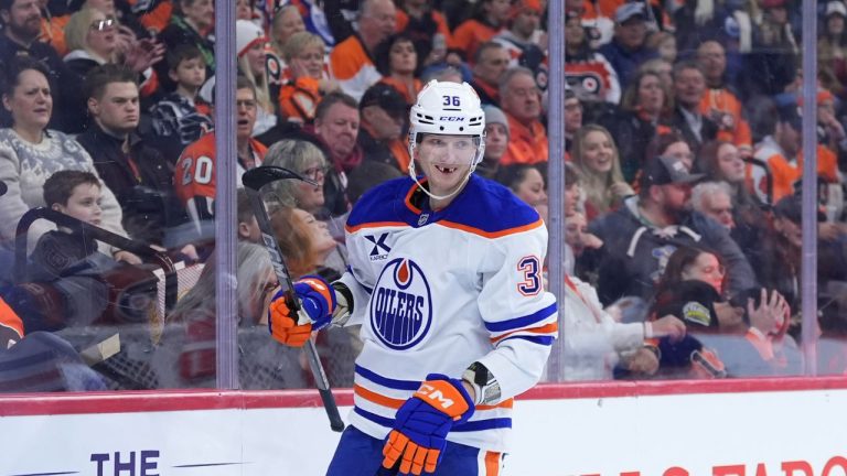 Edmonton Oilers' John Klingberg reacts after scoring a goal during the first period of an NHL hockey game against the Philadelphia Flyers, Saturday, Feb. 22, 2025, in Philadelphia. (Matt Slocum/AP)