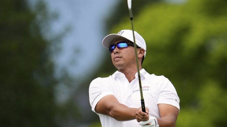Kurt Kitayama hits from the tenth tee during the final round of the 3M Open golf tournament at the Tournament Players Club Sunday, July 27, 2025, in Blaine, Minn. (AP/Abbie Parr)