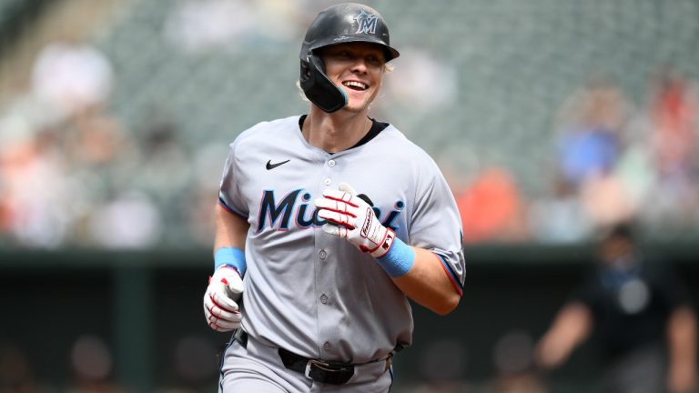 Miami Marlins' Kyle Stowers reacts as he rounds the bases on his home run during the second inning of a baseball game against the Baltimore Orioles, Sunday, July13, 2025, in Baltimore. (AP Photo/Nick Wass)