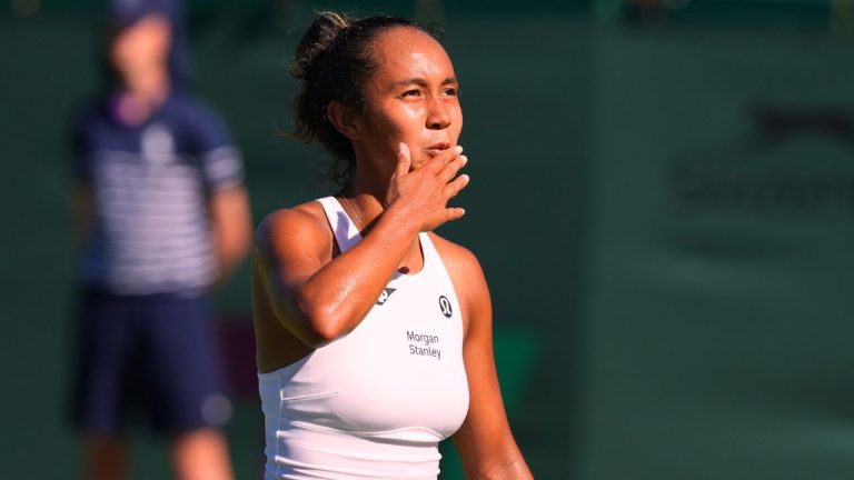 Leylah Fernandez of Canada celebrates winning her first round women's single match against Hannah Klugman of Britain at the Wimbledon Tennis Championships in London, Monday, June 30, 2025. (Kirsty Wigglesworth/AP)