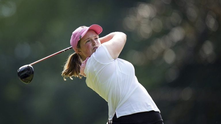 Lottie Woad, of England, plays on the 4th hole during the last round of the Evian Championship women's golf tournament, in Evian, eastern France, Sunday, July 13, 2025. (Laurent Cipriani/AP)