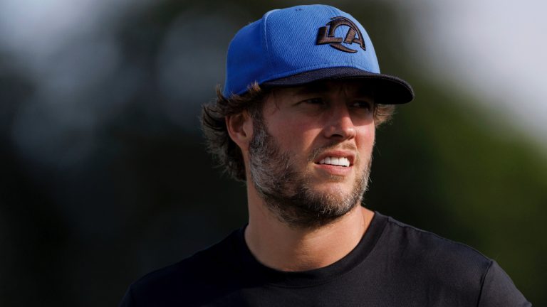Los Angeles Rams quarterback Matthew Stafford stands on the sideline during an NFL training camp Tuesday, July 29, 2025, in Los Angeles, Calif. (Eric Thayer/AP)