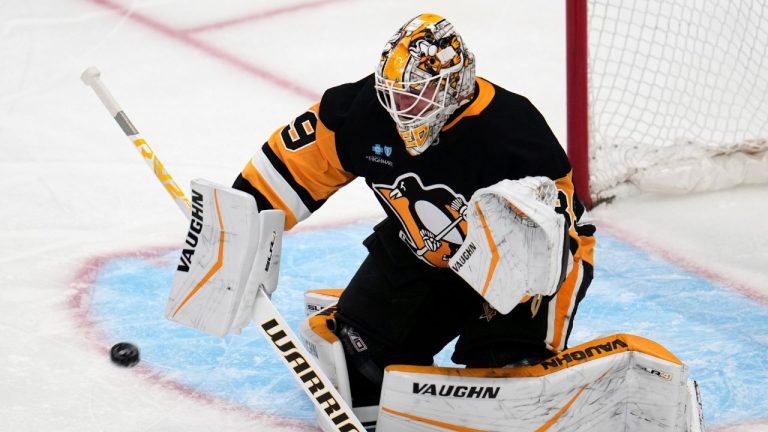 Pittsburgh Penguins goaltender Alex Nedeljkovic blocks a shot during the third period of an NHL hockey game against the Washington Capitals in Pittsburgh, Thursday, April 17, 2025. (Gene J. Puskar/AP)