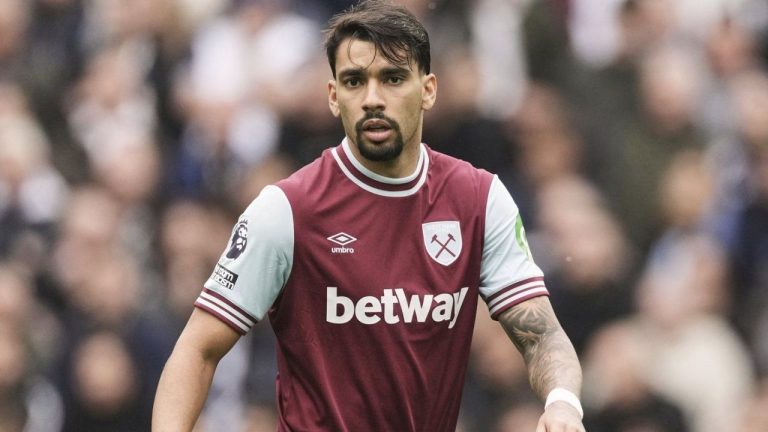 West Ham's Lucas Paqueta runs into position during the English Premier League soccer match between Tottenham Hotspur and West Ham United at the Tottenham Hotspur Stadium in London, Oct. 19, 2024. (Dave Shopland/AP)
