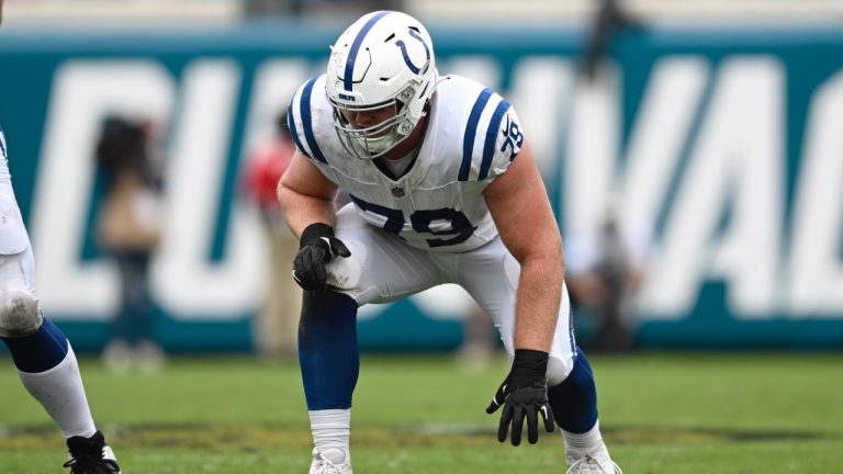 Indianapolis Colts offensive tackle Bernhard Raimann sets up to block against the Jacksonville Jaguars during the first half of an NFL game, Sunday, Oct. 6, 2024, in Jacksonville, Fla. (AP/Phelan M. Ebenhack)