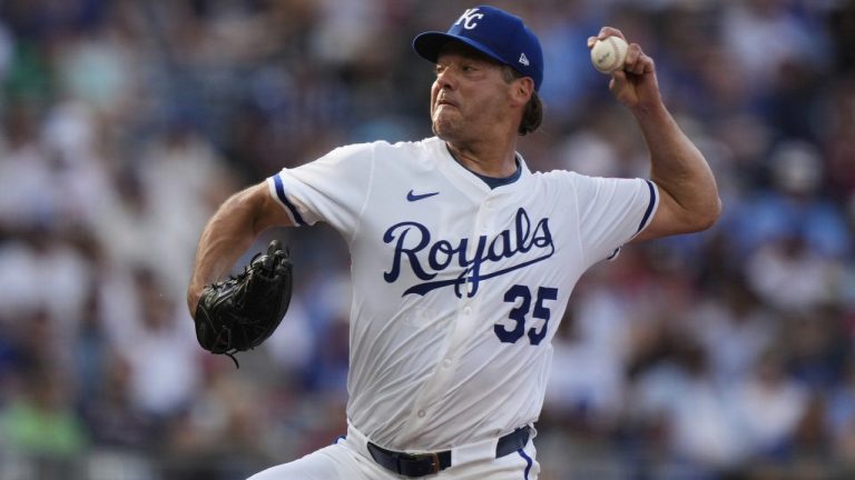 Kansas City Royals starting pitcher Rich Hill throws during the first inning of a baseball game against the Atlanta Braves, Monday, July 28, 2025, in Kansas City, Mo. (Charlie Riedel/AP)