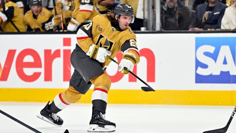Vegas Golden Knights left wing Brandon Saad (20) shoots against the Minnesota Wild during the second period of Game 2 of a first-round NHL hockey playoff series Tuesday, April 22, 2025, in Las Vegas. (David Becker/AP)