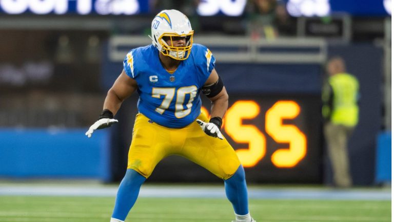 Los Angeles Chargers offensive tackle Rashawn Slater (70) takes his stance during an NFL football game against the Denver Broncos, Thursday, Dec. 19, 2024, in Inglewood, Calif. (Kyusung Gong/AP)