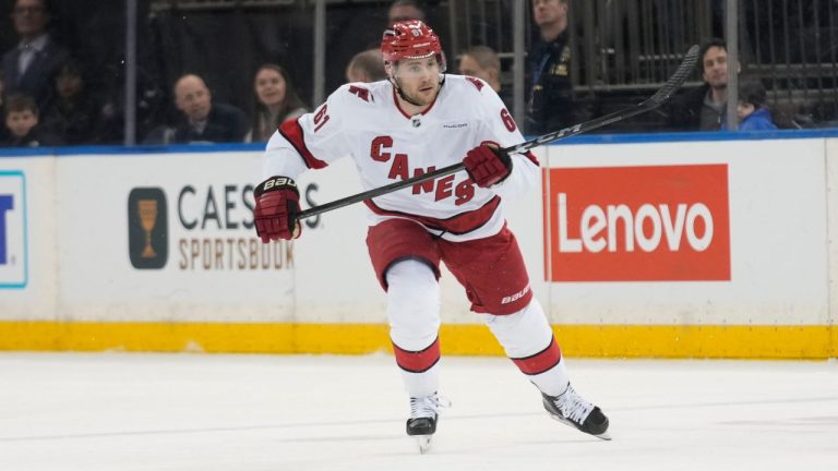 Carolina Hurricanes' Riley Stillman skates during the third period of an NHL hockey game against the New York Rangers, Tuesday, Jan. 28, 2025, in New York. (Seth Wenig/AP)
