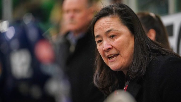 University of Toronto Varsity Blues head coach Vicky Sunohara speaks at a stoppage of play during the first period of U Sports University Cup women's university hockey final in Saskatoon, Sask., Sunday, March 17, 2024. (Heywood Yu/CP)