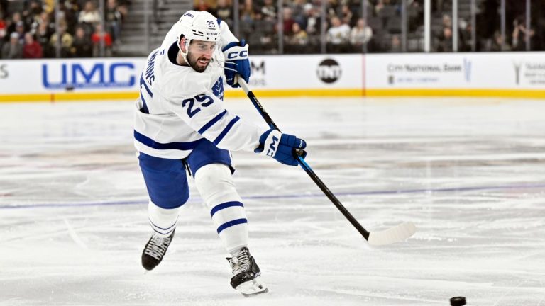 Toronto Maple Leafs defenceman Conor Timmins (25) takes a shot against the Vegas Golden Knights during the third period of an NHL hockey game Wednesday, March 5, 2025, in Las Vegas. (David Becker/AP)