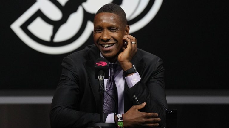 Toronto Raptors President Masai Ujiri speaks to the media in Toronto, Monday, Sept. 30, 2024. (Chris Young/CP)