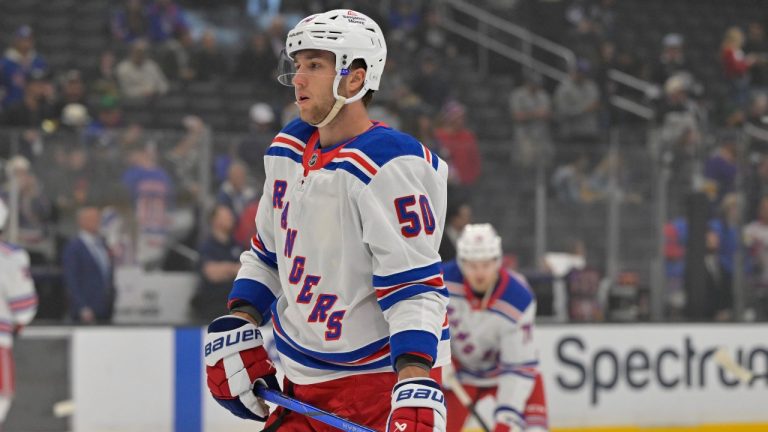 New York Rangers left wing Will Cuylle warms up prior to NHL hockey game against the Los Angeles Kings, Tuesday, March 25, 2025, in Los Angeles. (AP Photo/Jayne-Kamin-Oncea)