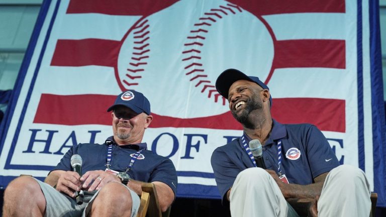 Baseball Hall of Fame inductees Billy Wagner, left, and CC Sabathia speak to reporters during a news conference in Cooperstown, N.Y., Saturday, July 26, 2025. (Seth Wenig/AP)