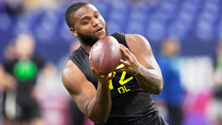 Central Arkansas defensive lineman David Walker runs a drill at the NFL football scouting combine in Indianapolis, Thursday, Feb. 27, 2025. (George Walker IV/AP)