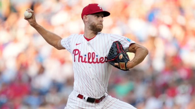 Philadelphia Phillies' Zack Wheeler pitches during the second inning of a baseball game against the Boston Red Sox Monday, July 21, 2025, in Philadelphia. (Matt Slocum/AP)