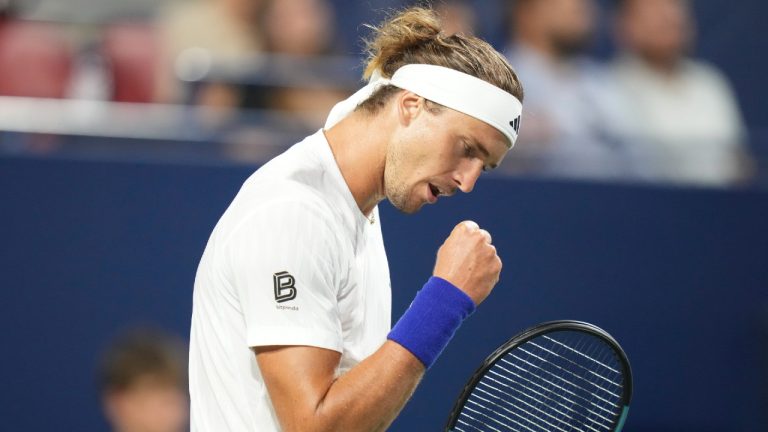 Germany's Alexander Zverev reacts during his straight sets win over Australia's Adam Walton during second round tennis action at the National Bank Open in Toronto on Tuesday, July 29, 2025. (Chris Young/CP)