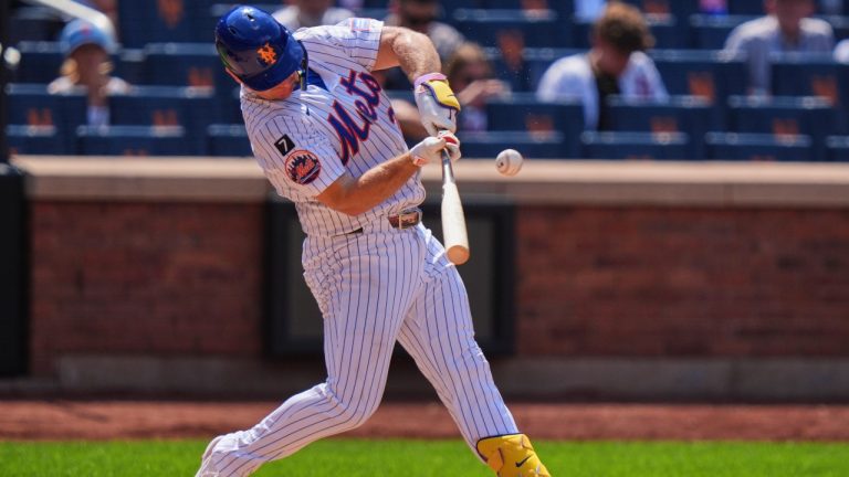 New York Mets' Pete Alonso hits a single during the seventh inning of a baseball game against the Los Angeles Angels Wednesday, July 23, 2025, in New York. (Frank Franklin II/AP)