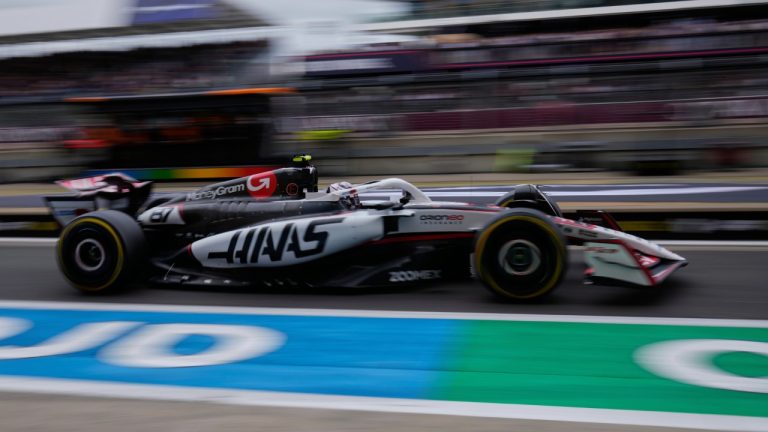 Haas driver Oliver Bearman of Britain exits pit lane during the third practice of the British Formula One Grand Prix in Silverstone, England, Saturday, July 5, 2025. (Darko Bandic/AP)