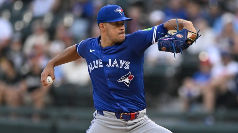 Toronto Blue Jays starter Jose Berrios delivers a pitch during the first inning of a baseball game against the Chicago White Sox, Monday, July 7, 2025, in Chicago. (Paul Beaty/AP)