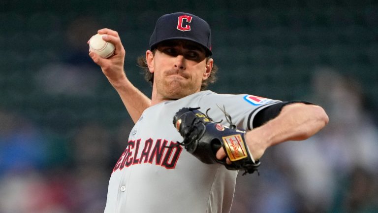 Cleveland Guardians starting pitcher Shane Bieber throws against the Seattle Mariners during a baseball game April 2, 2024, in Seattle. (Lindsey Wasson/AP)