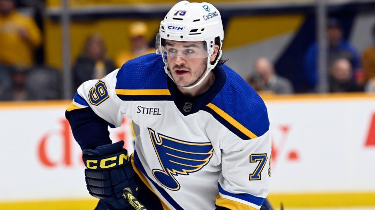 St. Louis Blues left wing Sammy Blais (79) plays against the Nashville Predators during the first period of an NHL hockey game Thursday, April 4, 2024, in Nashville, Tenn. (Mark Zaleski/AP)
