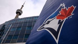 The Blue Jays logo is pictured ahead of MLB baseball action in Toronto. (Christopher Katsarov/CP)