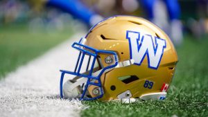 A Winnipeg Blue Bombers helmet can be seen before CFL football action in Regina, Monday, May 20, 2024. (Heywood Yu/CP)