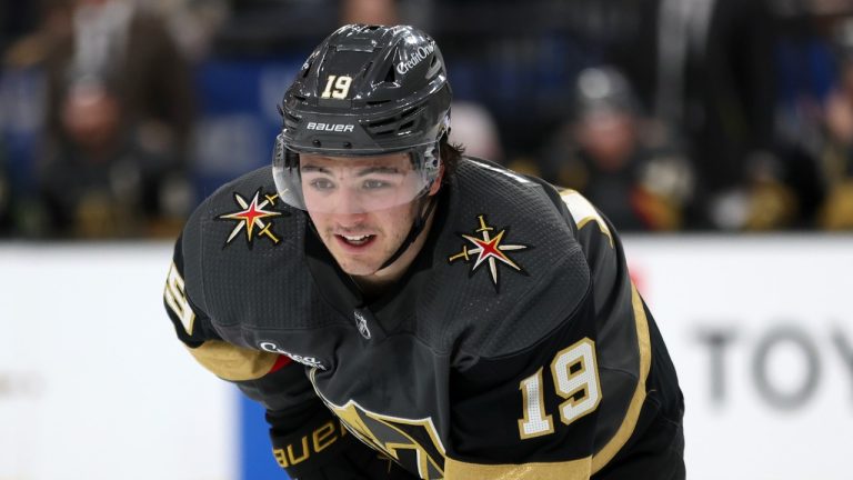 Former Vegas Golden Knights centre Brendan Brisson prepares for a face off with the Nashville Predators during the second period of an NHL hockey game Monday, Jan. 15, 2024, in Las Vegas. (Ellen Schmidt/AP Photo)