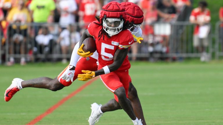 Kansas City Chiefs wide receiver Marquise "Hollywood" Brown (5) runs after a catch as cornerback Miles Battle defends during NFL football training camp Saturday, July 27, 2024, in St. Joseph, Mo. (Reed Hoffmann/AP)