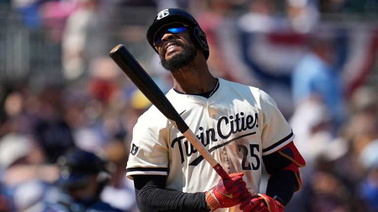 Minnesota Twins' Byron Buxton reacts after hitting a foul out to end the bottom of the ninth inning of a baseball game against the Tampa Bay Rays, Sunday, July 6, 2025, in Minneapolis. (Abbie Parr/AP)