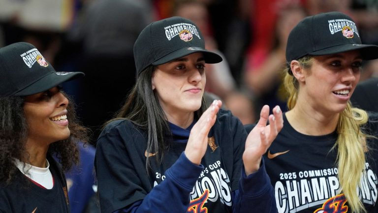 Indiana Fever guard Caitlin Clark (22) celebrates after winning the WNBA Commissioner's Cup championship basketball game against the Minnesota Lynx, Tuesday, July 1, 2025, in Minneapolis. (Abbie Parr/AP)