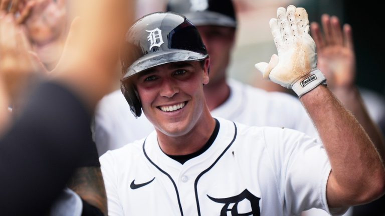 Detroit Tigers' Kerry Carpenter celebrates in the dugout after hitting a two-run home run during the sixth inning of a baseball game against the Arizona Diamondbacks, Wednesday, July 30, 2025, in Detroit. (Ryan Sun/AP)