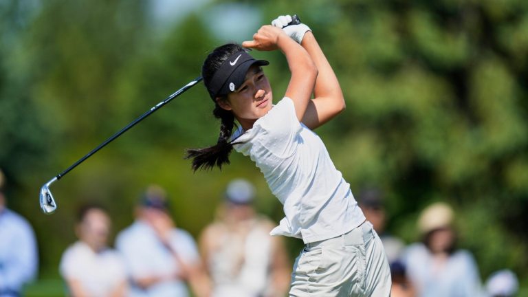 Aphrodite Deng hits off the 4th tee during the final round of the Mizuho Americas Open LPGA golf tournament, Sunday, May 11, 2025, in Jersey City, N.J. (Seth Wenig/AP Photo)
