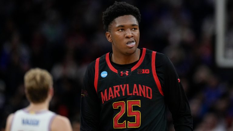 Maryland centre Derik Queen (25) reacts during the second half in the Sweet 16 of the NCAA college basketball tournament game against Florida, Thursday, March 27, 2025, in San Francisco. (Godofredo A. Vásquez/AP)