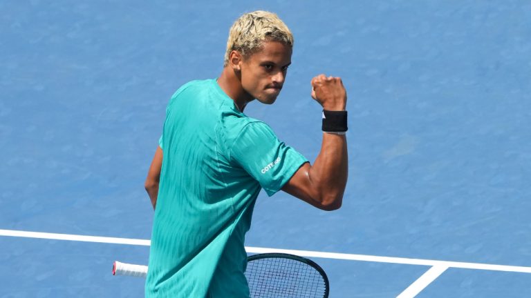 Gabriel Diallo of Canada reacts against Matteo Gigante of Italy during second round tennis action at the National Bank Open in Toronto on Wednesday, July 30, 2025. (Nathan Denette/CP)